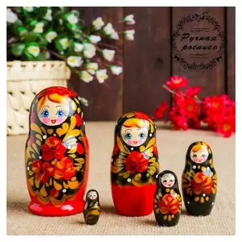 Матрёшка «Цветы с золотом», черный платок, 5 кукольная, 10,5 см
