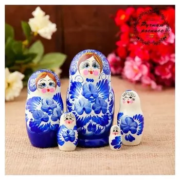 Матрёшка «Гжель», бело-голубой платок, 5 кукольная, 10,5 см