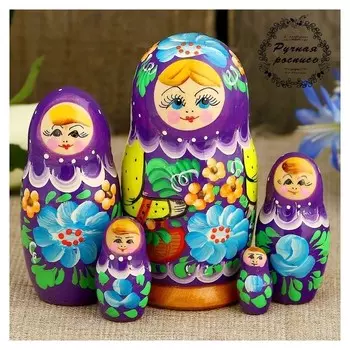Матрёшка «Корзинка», фиолетовый платок, 5 кукольная, 10,5 см