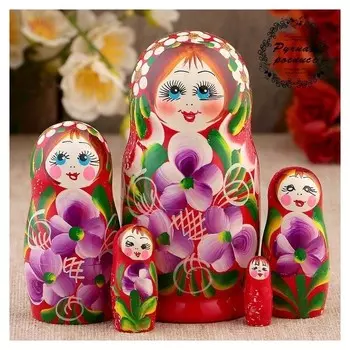 Матрёшка, красное платье, 5 кукол, Фиалки, 12 см