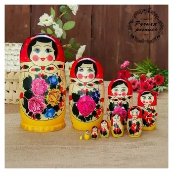 Матрёшка «Семёновская», красный платок, 10 кукольная, 22-24 см