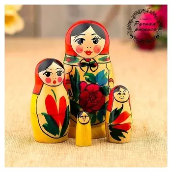 Матрёшка Семёновская, красный платок, 4 кукольная, 9 см
