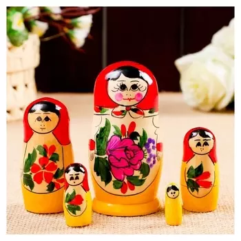 Матрёшка «Семёновская», красный платок 5 кукольная, 9 см