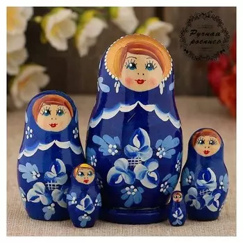Матрёшка, синее платье, 5 кукол, Гжель, 10 см