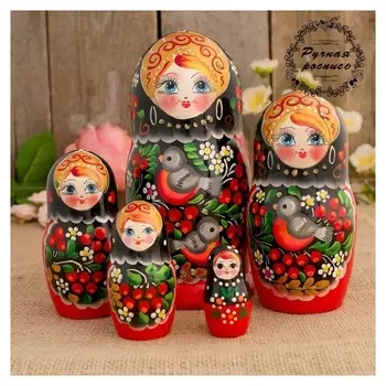 Матрёшка «Снегири в рябине», чёрный платок, 5 кукольная, 18 см