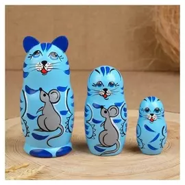 Матрёшка-животное"Кот голубой с мышкой", 3 кукольная