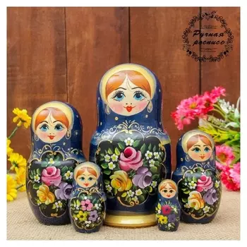 Матрёшка «Жостово», синий платок, 5 кукольная, 17 см