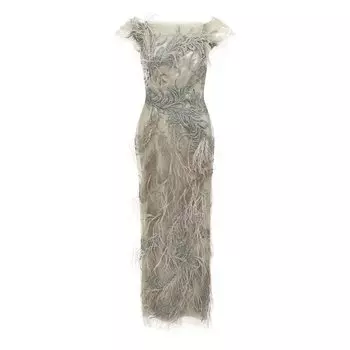 Платье с отделкой бисером и перьями Marchesa