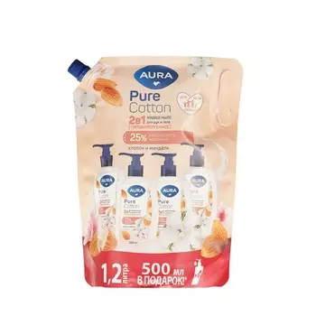 Жидкое мыло для рук и тела Aura Pure Cotton Миндаль и хлопковое молочко 1200мл