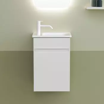 BURGBAD LIN20 Комплект мебели 420х270х600 мм., левый, подвесной, 1 дверь, с 1 отверстием для смесителя слева, раковина белая, цвет белый матовый