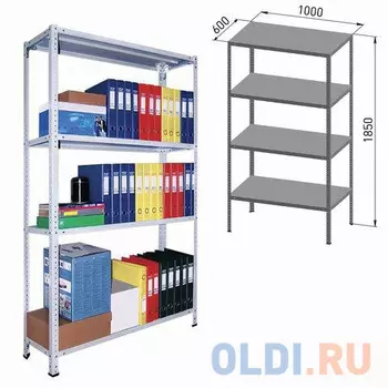 Стеллаж металлический ПРАКТИК "MS", 1850х1000х600 мм, 4 полки, MS 185/100х60/4
