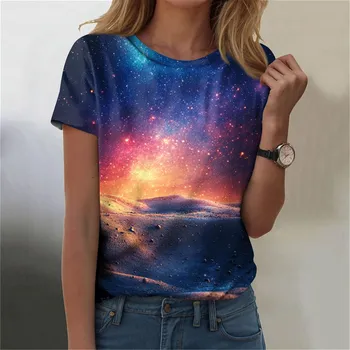 Женская мода Sky Print модная универсальная облегающая футболка с коротким рукавом L синий