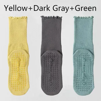 3 Pairs Solid Yoga Socks for Women Cotton Breathable Mid-calf Yoga Socks Pliates Sport Fitness Non-slip Grip Floor Socks Ruffle 3 Pairs