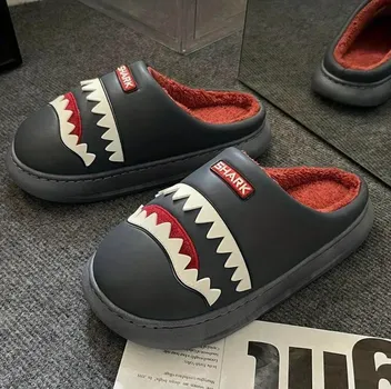 Мужские зимние тапочки из хлопка Shark: Забавные для помещений, толстая подошва, теплые, нескользящие, для использования в общежитии 40-41 серый