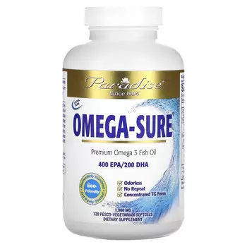 Paradise Herbs, Omega-Sure, рыбий жир премиального качества с омега-3, 1000 мг, 120 вегетарианских капсул