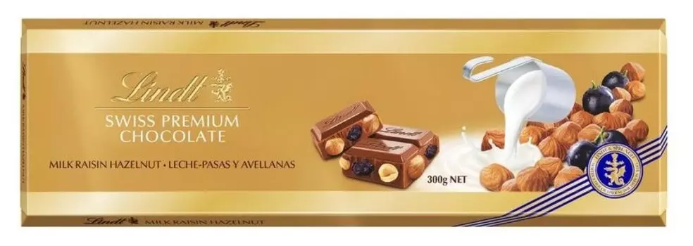 Шоколад Lindt Gold молочный с изюмом, цельным фундуком 300г