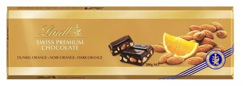 Шоколад Lindt Gold темный с апельсином и миндалем, 300г