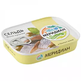 Сельдь атлантическая филе-кусочки Меридиан в белом вине, 115 г