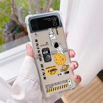 Luxury Case For Samsung Galaxy Z Flip 3 4 5G Funda Z Flip3 Clear PC Hard Shockproof Back Phone Coque Cartoon Astronaut Samsung Z Flip 3 5G