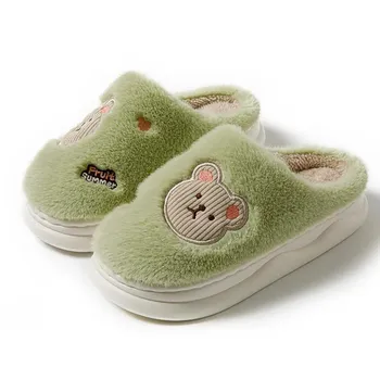 WTEMPO Cute Large Size Embroidery Autumn Winter Cotton Slippers Women Flat Thick Heel Home Plush Cashmere Warm Slippers 36-37 красный