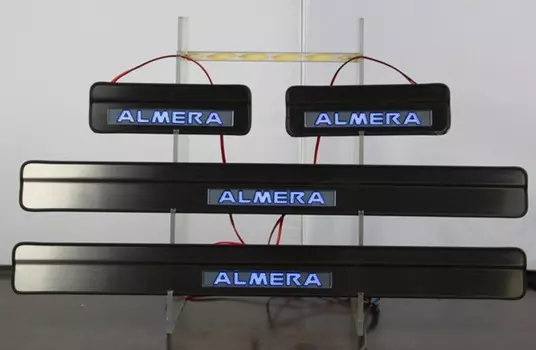 Накладки на дверные пороги с логотипом и LED подсветкой (нержавеющая сталь) JMT 24346 Nissan Almera (G15) 2012 -