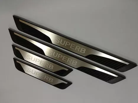 Накладки на дверные пороги с логотипом (нержавеющая сталь) JMT 24553 Skoda Superb 2009 - 2015
