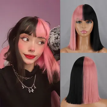 MISS WIG, женский парик длиной до плеч, черный, розовый, с челкой, короткий прямой парик боб из синтетического волокна, повседневная одежда 25 cm