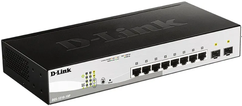 Коммутатор PoE D-link DGS-1210-10P 8x10/100/1000Base-T PoE (PoE-бюджет 65Вт), 2x1000Base-X SFP, L2