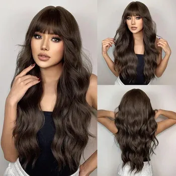 HAIRCUBE Длинный волнистый коричневый синтетический парик с омбре из натуральных волос с челкой для чернокожих женщин термостойкий повседневный парик для косплея