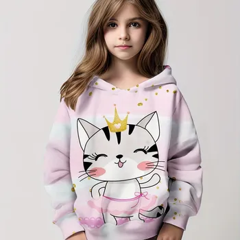 Свитшот с капюшоном и длинными рукавами Whimsical Cat Princess - модная одежда для девочек Детская одежда для школы и отдыха 100