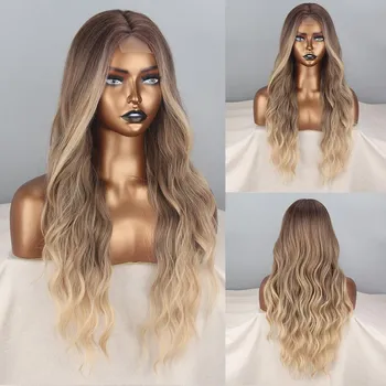 MISS WIG Женская мода Длинный волнистый парик фронта шнурка без челки Синтетическое волокно Парик с натуральной волной воды Повседневная одежда 1B