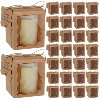 Упаковка из 20 подарочных коробок для свечей с прозрачным окном, 3,35x3,35x3,94 дюйма, бумажные демонстрационные и упаковочные материалы с бирками и шпагатом для свадьбы 20 pcs white разноцветный