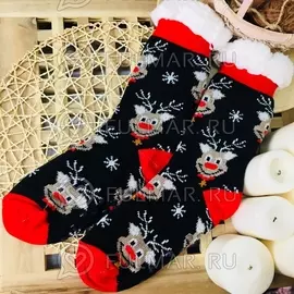 Новогодние носки домашние женские Весёлые Олени (цвет: чёрный-красный) антискользящие
