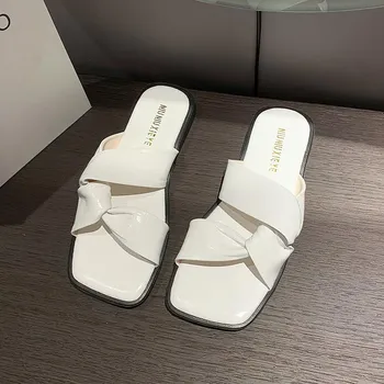 Fashion 2024 summer beach shoes for women new versatile casual bow flat slippers 35 чёрный