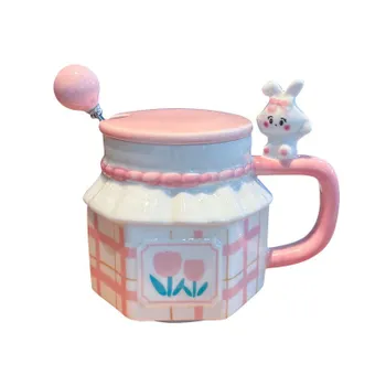 Керамическая чашка Bunny Couple Tulip, симпатичная чашка для воды, подарок на день рождения, новая термостойкая кружка для воды Girl Heart 350ml небесно-голубой
