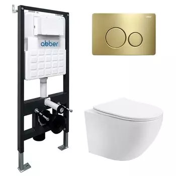Комплект Abber Bequem AC1100T-AC0105-AC0121MMG, Унитаз подвесной безободковый, с микролифтом + Система инсталляции + Кнопка смыва золото матовое