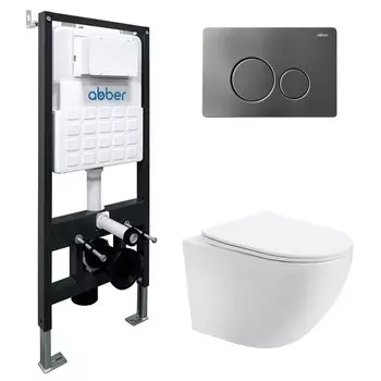 Комплект Abber Bequem AC1100T-AC0105-AC0121NG, Унитаз подвесной безободковый, с микролифтом + Система инсталляции + Кнопка смыва никель