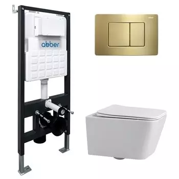 Комплект Abber Rechteck AC1201-AC0105-AC0120MMG, Унитаз подвесной безободковый, с микролифтом + Система инсталляции + Кнопка смыва золото матовое