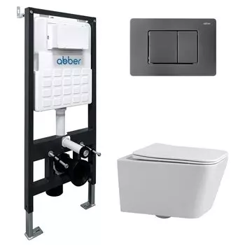 Комплект Abber Rechteck AC1201-AC0105-AC0120NG, Унитаз подвесной безободковый, с микролифтом + Система инсталляции + Кнопка смыва никель