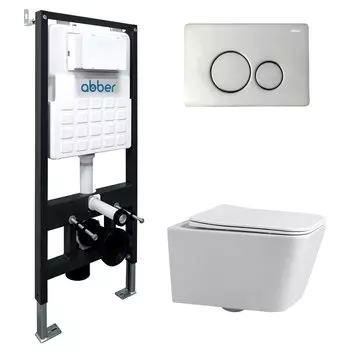 Комплект Abber Rechteck AC1201-AC0105-AC0121, Унитаз подвесной безободковый, с микролифтом + Система инсталляции + Кнопка смыва хром