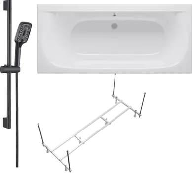 Комплект Акриловая ванна STWORKI Хадстен SW1016075028 без опоры 180x80 см, пристенная, белая + Каркас SW5018080052 180 + Гарнитур Готланд WH628-MB черный матовый