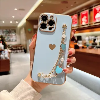 Позолоченный модный чехол для телефона с жемчужным браслетом для iPhone 14 13 11 Pro Max X XR XS 7 8 Plus SE2 SE3 12Mini, мягкий чехол с сердечком любви For iPhone 11 Pro