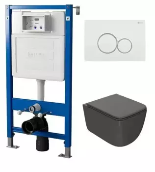 Комплект инсталляция с унитазом, крышкой и кнопкой смыва «Point» PN48019WC (PN48036WG/клавиша PN44061WC/унитаз Меркурий PN41831GM) безободковый графит