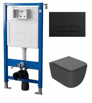 Комплект инсталляция с унитазом, крышкой и кнопкой смыва «Point» PN48023BM (PN48036WG/клавиша PN44831BM/унитаз Меркурий PN41831GM) безободковый графит