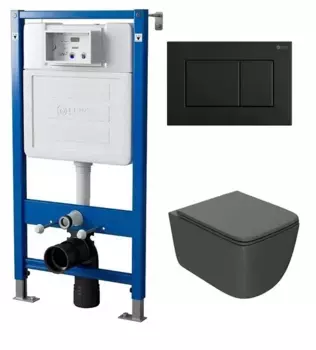 Комплект инсталляция с унитазом, крышкой и кнопкой смыва «Point» PN48026BM (PN45120/клавиша PN44081BM/унитаз PN41831GM) безободковый графит
