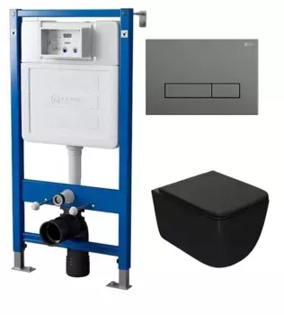 Комплект инсталляция с унитазом, крышкой и кнопкой смыва «Point» PN48040GM (PN48036WG/клавиша PN44831GM/унитаз Меркурий PN41831BM) безободковый черный матовый