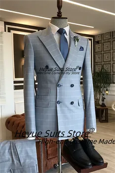 Небесно-голубой деловой клетчатый мужской костюм Slim Fit с пиковыми лацканами, свадебные смокинги для жениха, комплекты из 2 предметов, классические мужские пиджаки, костюм Homme