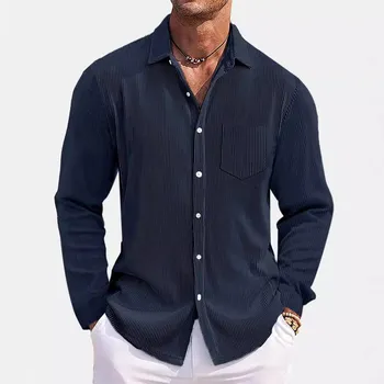 Men Long-Sleeved Shirt 2025 Spring Summer Solid Color Shirts Male Stand-Up Collar Casual Beach Shirts M серый