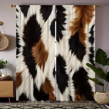 Brown White Patchwork Cow Fur Pattern Curtains, Simulated Animal Fur Shade Curtains, Pastoral Style Farmhouse Farm Decoration 50W160H(CM)x2Panel&Hook