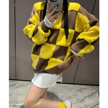 Клетчатый осенний новый вязаный свитер для женщин Harajuku теплый корейский модный пуловер свободный ленивый Oaf женский верхняя одежда джемпер One size чёрный